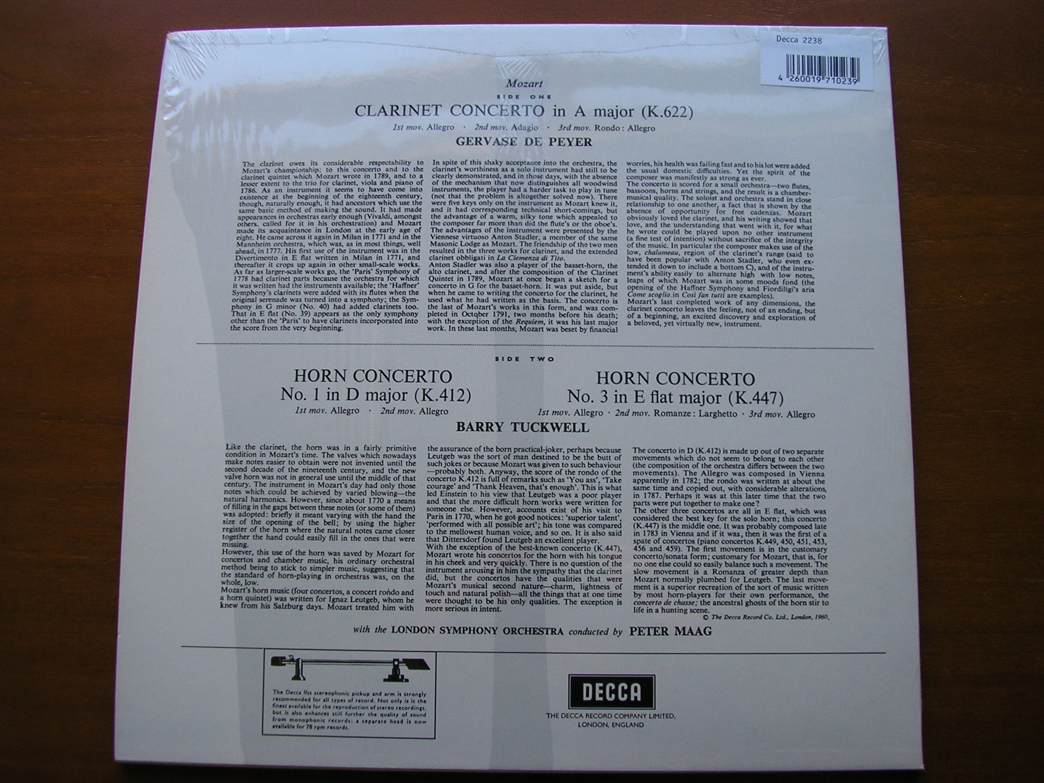 SXL 2238 MOZART: CLARINET CONCERTO / HORN CONCERTOS Nos. 1 & 3 TUCKWELL / DE PEYER / LONDON SYMPHONY/ MAAG