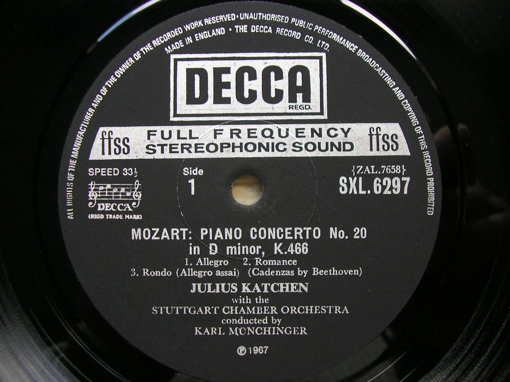 SXL 6297 MOZART: PIANO CONCERTOS Nos. 20 & 25 KATCHEN / STUTTGART CO / MUNCHINGER