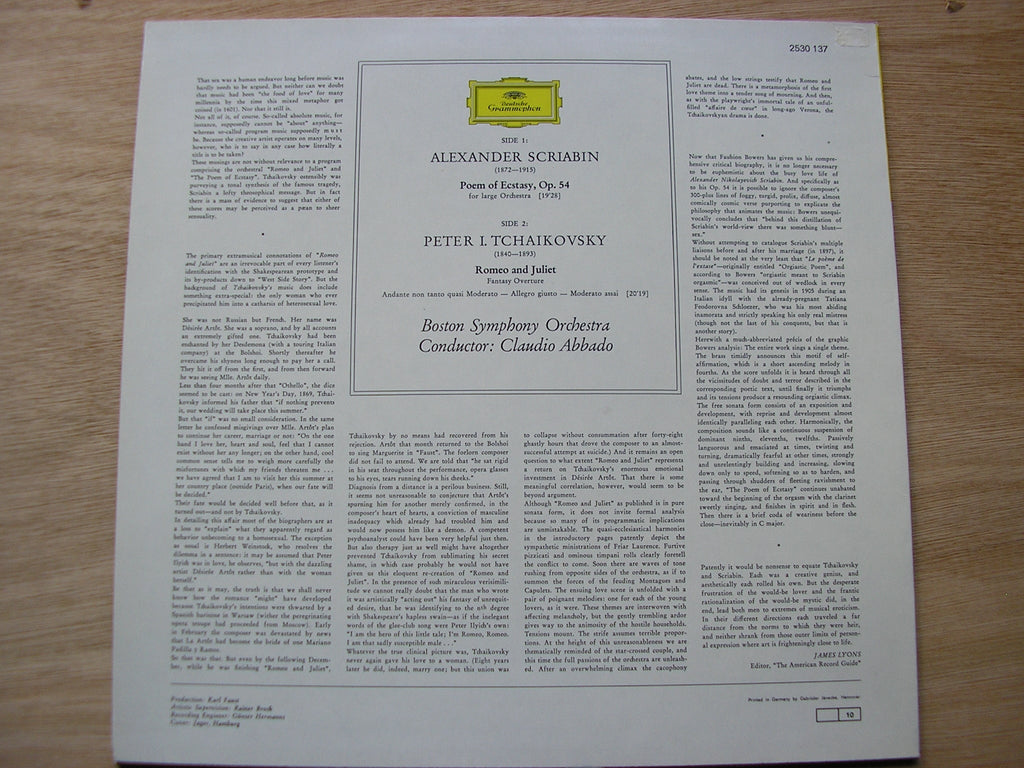 SCRIABIN: POEM OF ECSTASY / TCHAIKOVSKY: ROMEO & JULIET      ABBADO / BOSTON SYMPHONY     2530 137