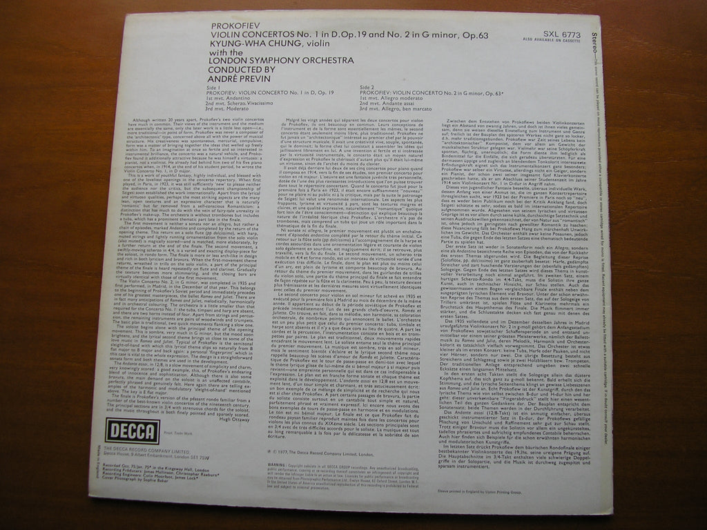 SXL 6773 PROKOFIEV: VIOLIN CONCERTOS Nos. 1 & 2 KYUNG WHA CHUNG / LONDON SYMPHONY / ANDRE PREVIN