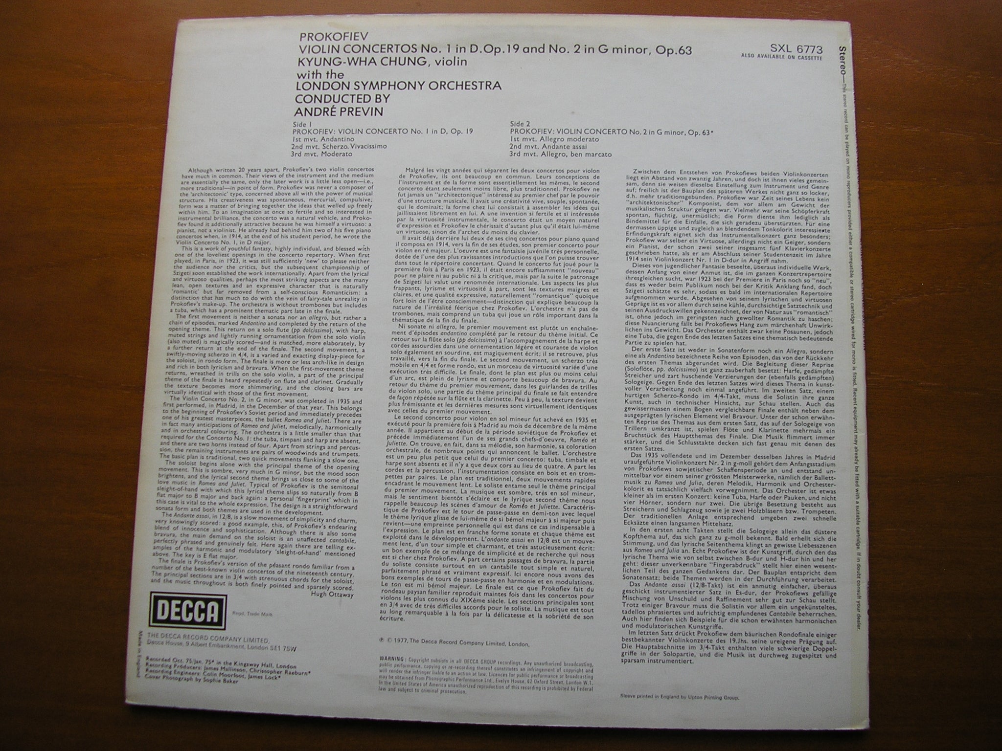SXL 6773 PROKOFIEV: VIOLIN CONCERTOS Nos. 1 & 2 KYUNG WHA CHUNG / LONDON SYMPHONY / ANDRE PREVIN