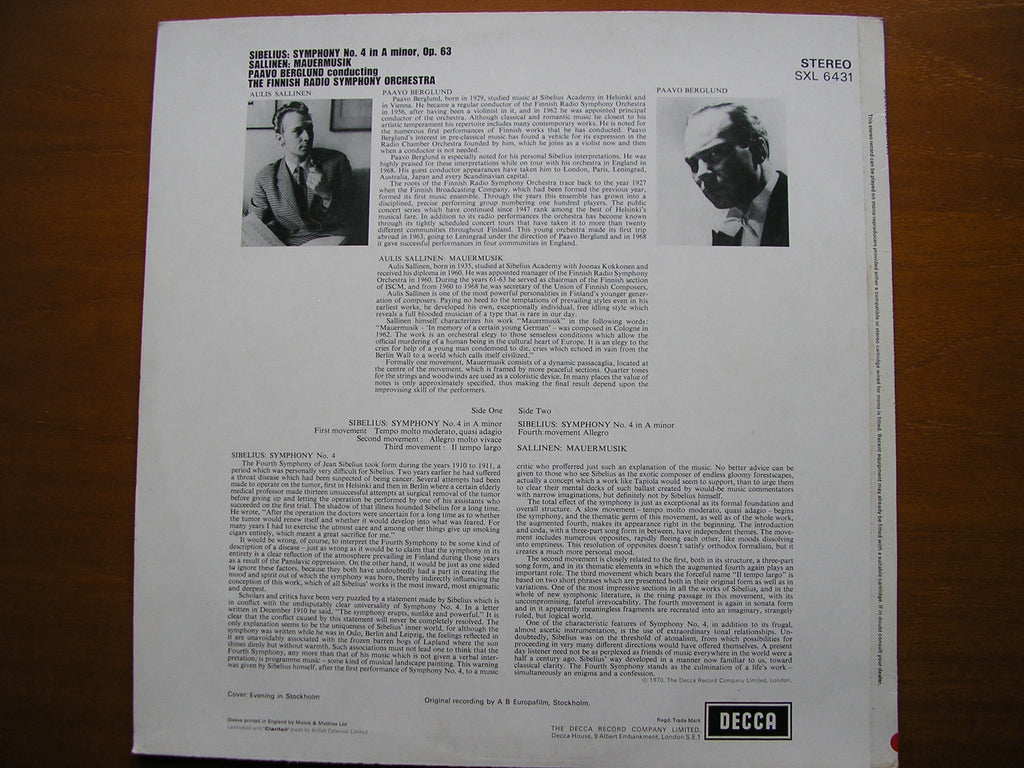 SXL 6431 SIBELIUS: SYMPHONY No. 4 / SALLINEN: MAUERMUSIK      BERGLUND / FINNISH RADIO ORCHESTRA    ED3