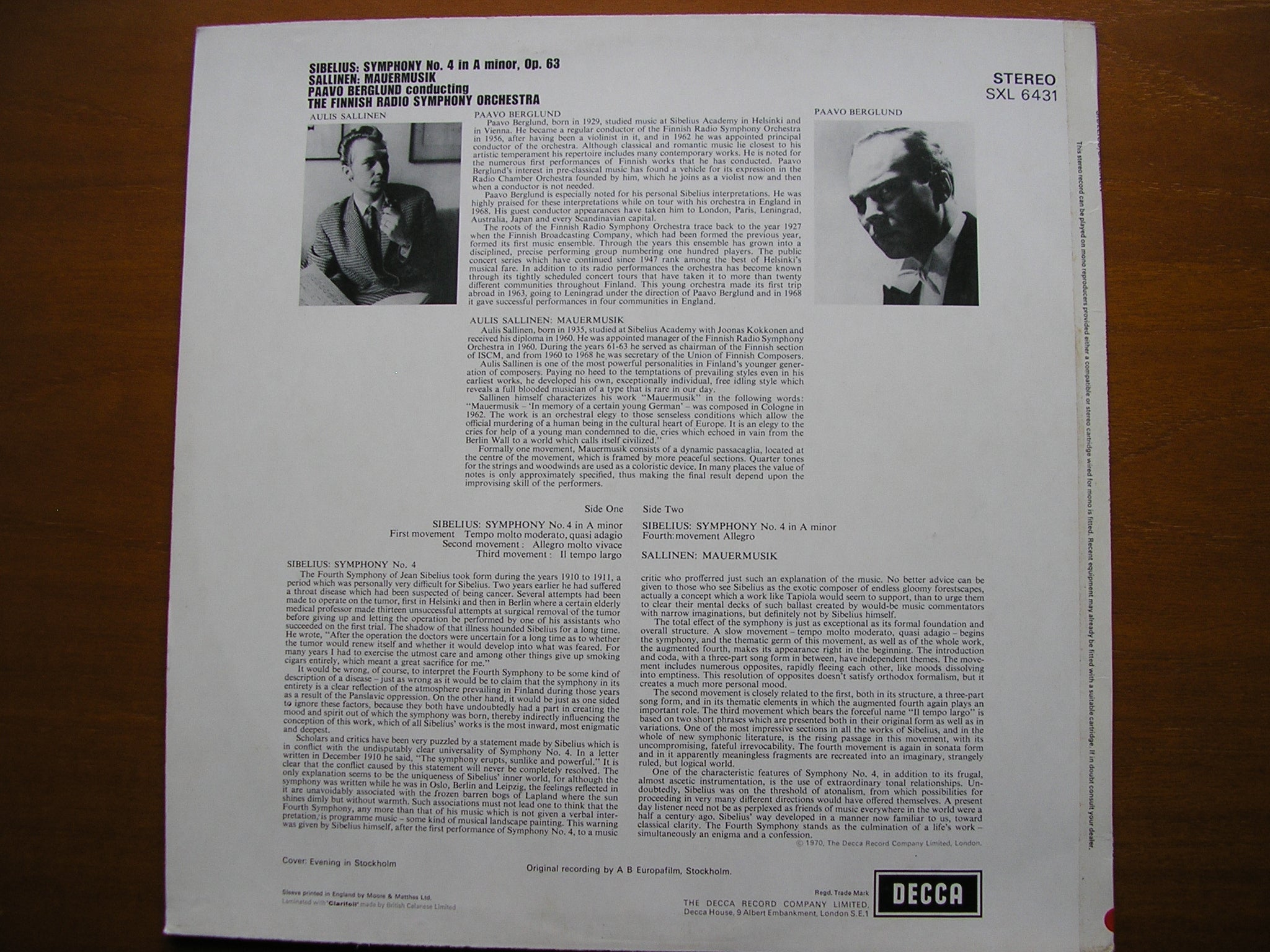 SXL 6431 SIBELIUS: SYMPHONY No. 4 / SALLINEN: MAUERMUSIK      BERGLUND / FINNISH RADIO ORCHESTRA    ED3