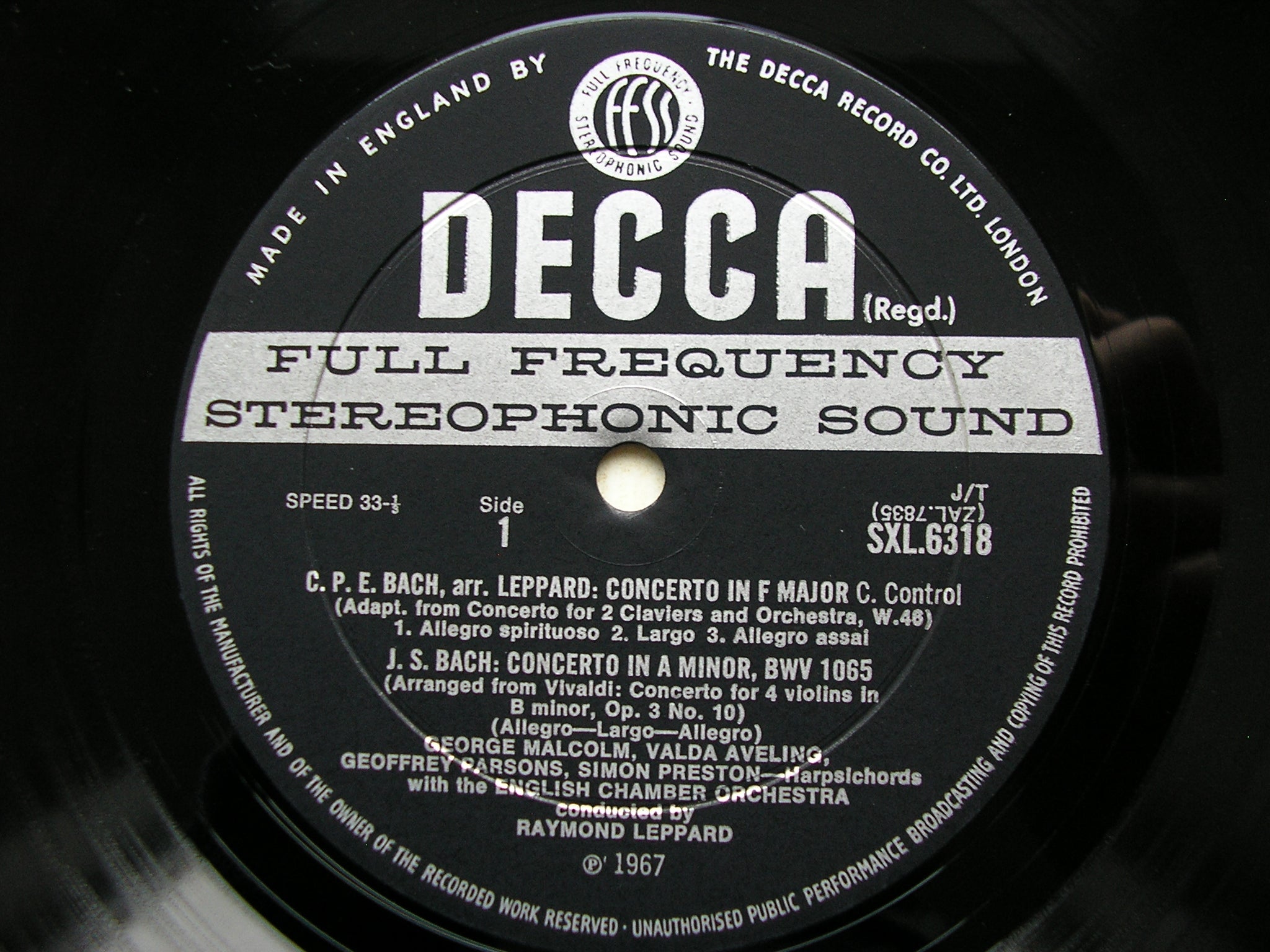 SXL 6318  BACH JS / BACH CPE / VIVALDI / LEPPARD: MUSIC FOR FOUR HARPSICHORDS     SOLOISTS / ENGLISH CHAMBER ORCHESTRA / LEPPARD     ED2