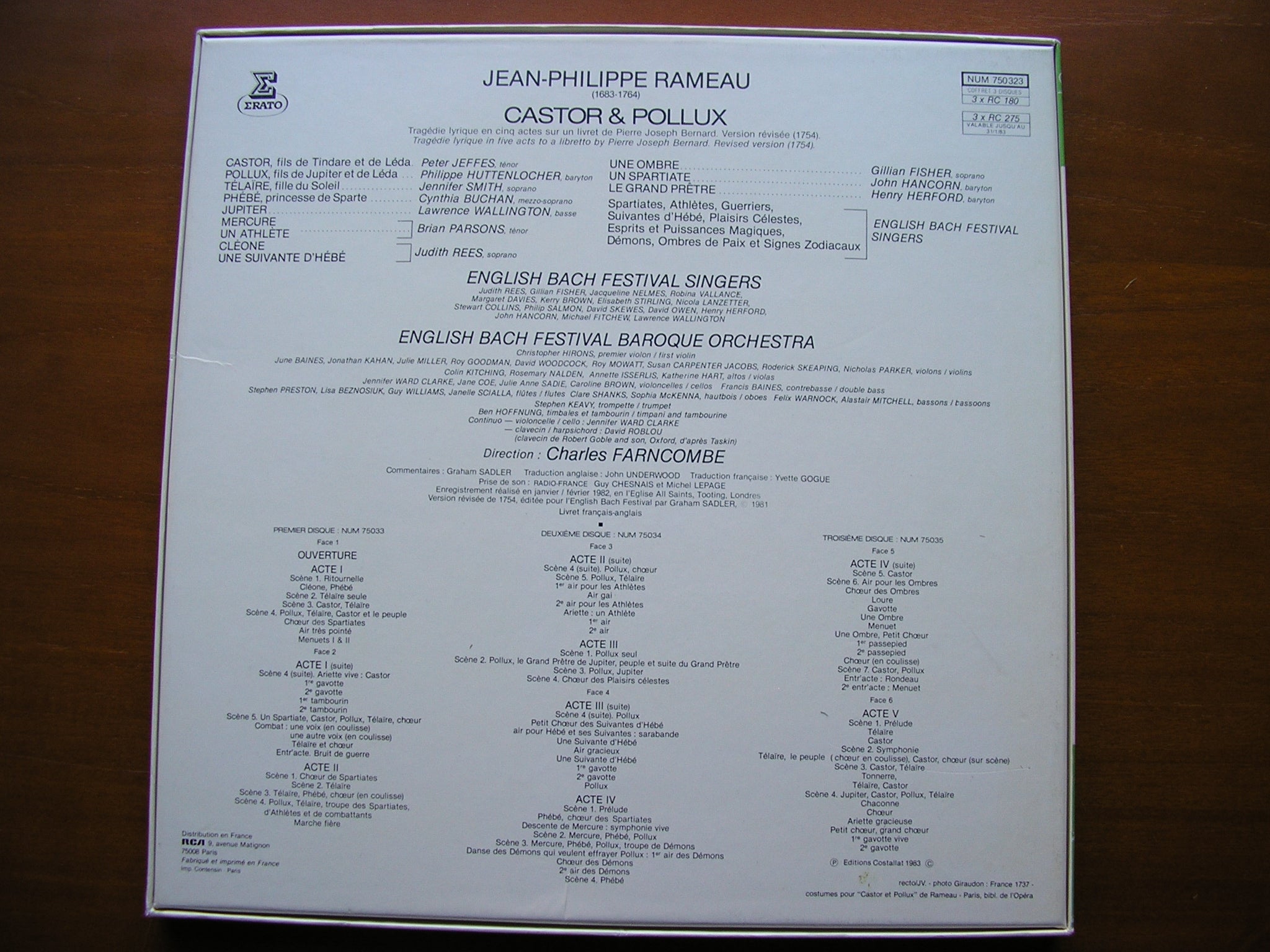 RAMEAU: CASTOR & POLLUX (1754)     SOLOISTS / ENGLISH BACH FESTIVAL BAROQUE ORCHESTRA / FARNCOMBE    3LP    NUM 750323