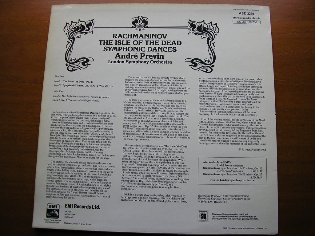 RACHMANINOV: ISLE OF THE DEAD / SYMPHONIC DANCES ANDRE PREVIN / LONDON SYMPHONY ORCHESTRA ASD 3259