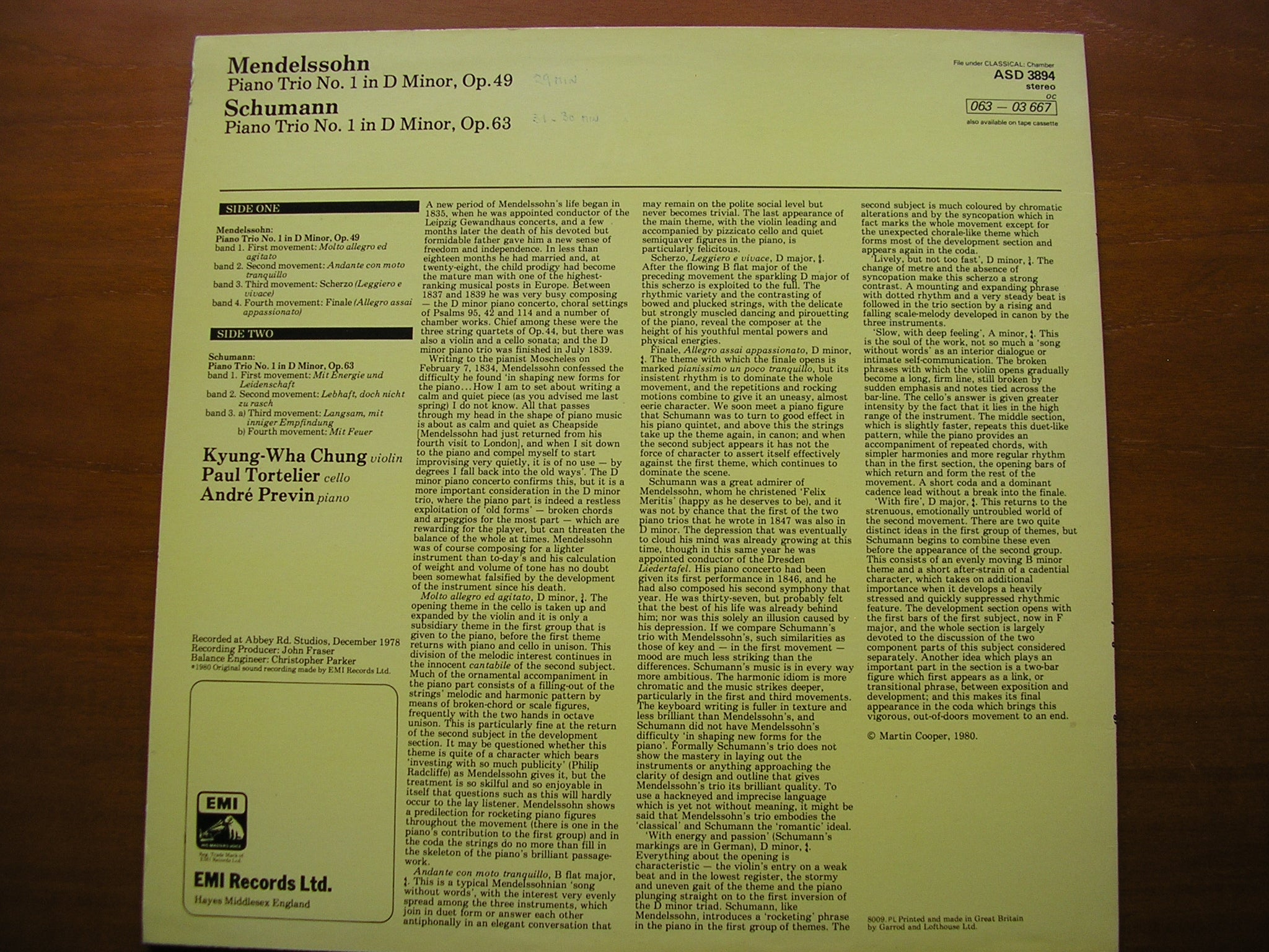 MENDELSSOHN: PIANO TRIO Op. 49 / SCHUMANN: PIANO TRIO Op. 63     ANDRE PREVIN / CHUNG / TORTELIER    ASD 3894