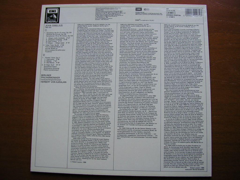 SIBELIUS: SYMPHONY No. 6 / KARELIA SUITE / EN SAGA / VALSE TRISTE    KARAJAN / BERLIN PHILHARMONIC     27 0407