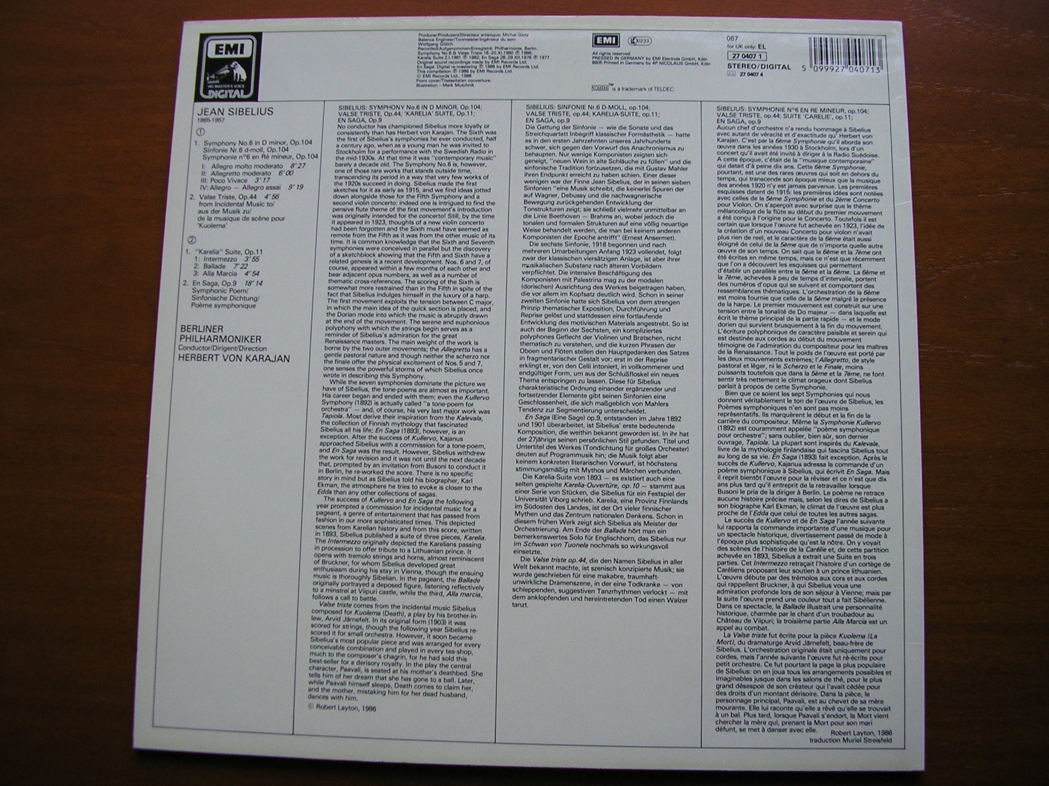 SIBELIUS: SYMPHONY No. 6 / KARELIA SUITE / EN SAGA / VALSE TRISTE    KARAJAN / BERLIN PHILHARMONIC     27 0407