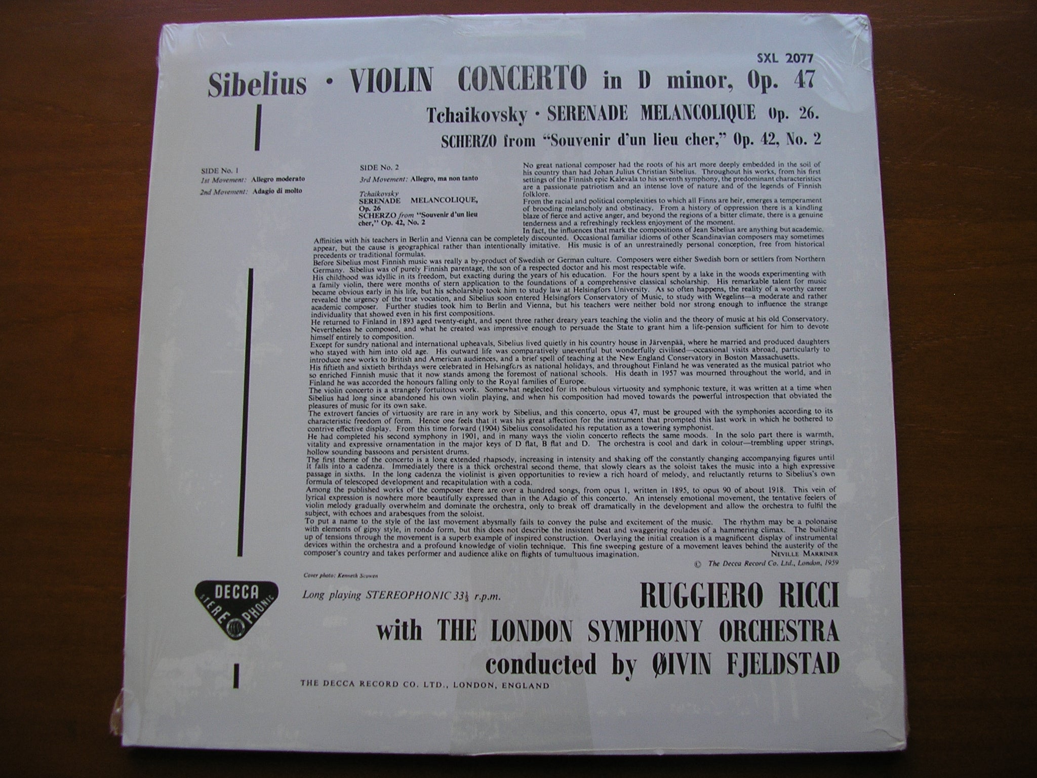 SXL 2077 SIBELIUS: VIOLIN CONCERTO / TCHAIKOVSKY: SERENADE MELANCOLIQUE RUGGIERO RICCI / LONDON SYMPHONY / FJELSTAD