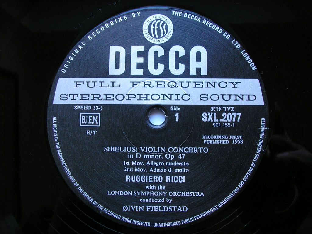 SXL 2077 SIBELIUS: VIOLIN CONCERTO / TCHAIKOVSKY: SERENADE MELANCOLIQUE RUGGIERO RICCI / LONDON SYMPHONY / FJELSTAD