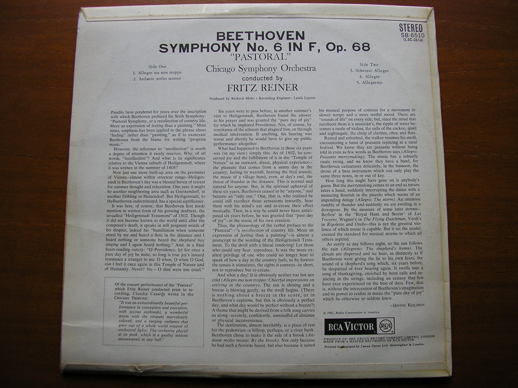 BEETHOVEN: SYMPHONY No. 6 'Pastoral'    REINER / CHICAGO SYMPHONY   SB 6510