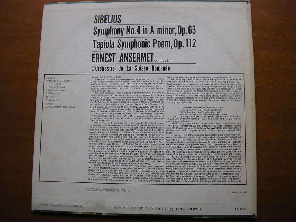 SIBELIUS: SYMPHONY No. 4 / TAPIOLA       ANSERMET / SUISSE ROMANDE      CS 6387