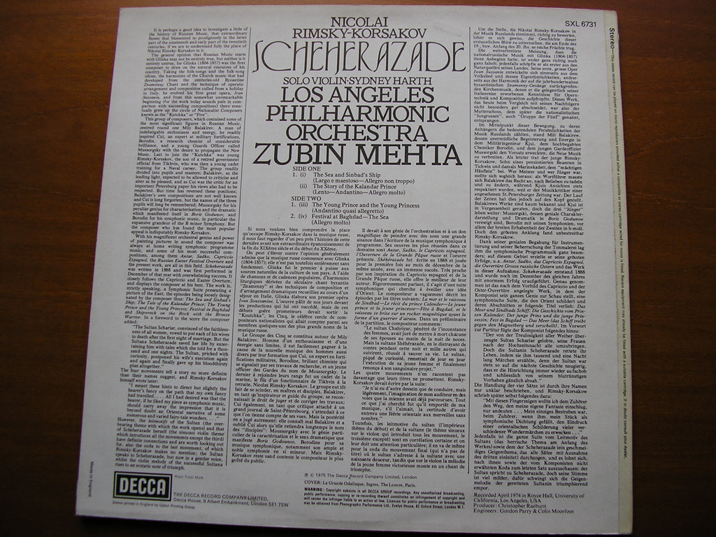 RIMSKY-KORSAKOV: SCHEHERAZADE      MEHTA / LOS ANGELES PHILHARMONIC     SXL 6731
