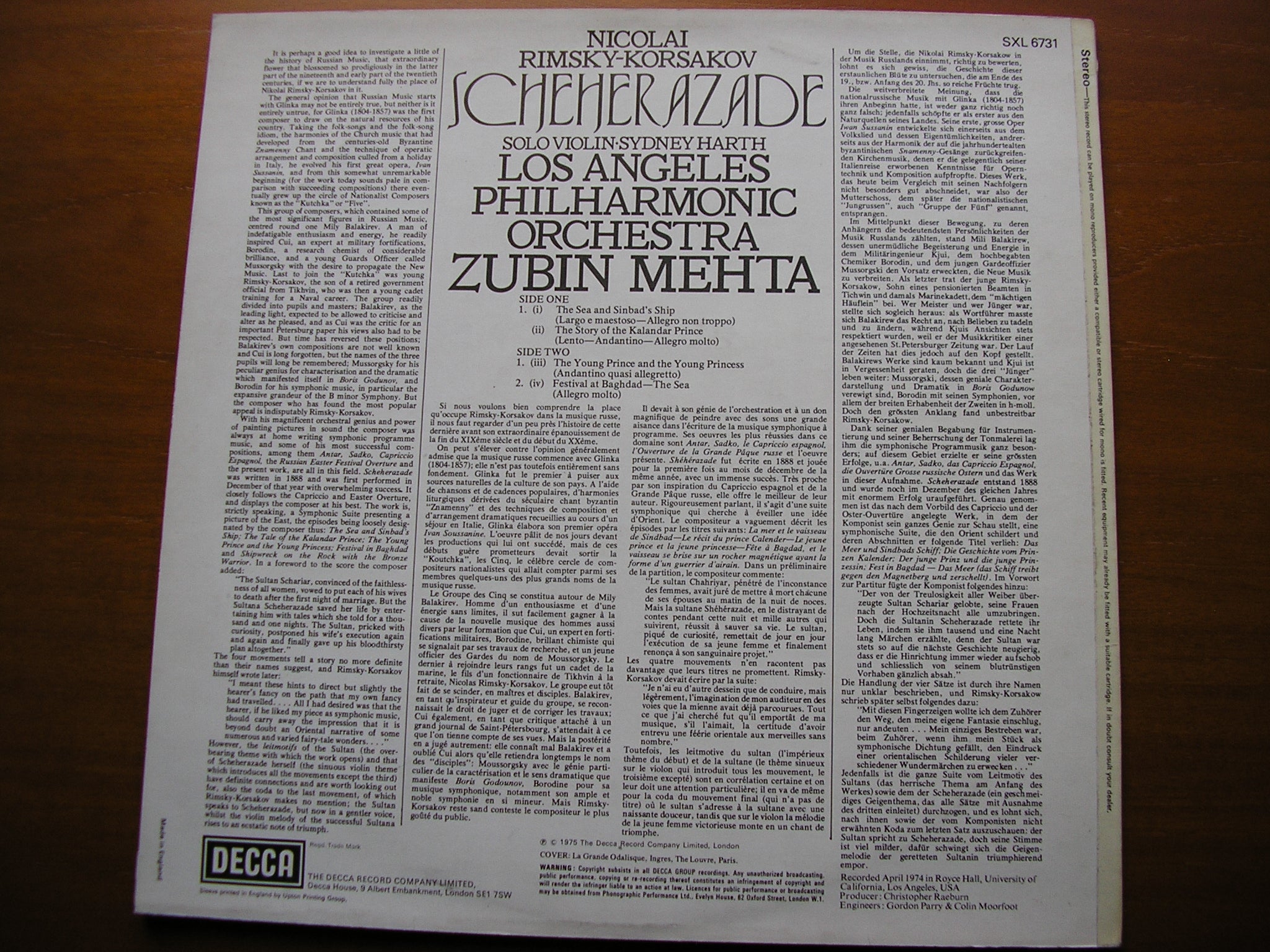 RIMSKY-KORSAKOV: SCHEHERAZADE      MEHTA / LOS ANGELES PHILHARMONIC     SXL 6731