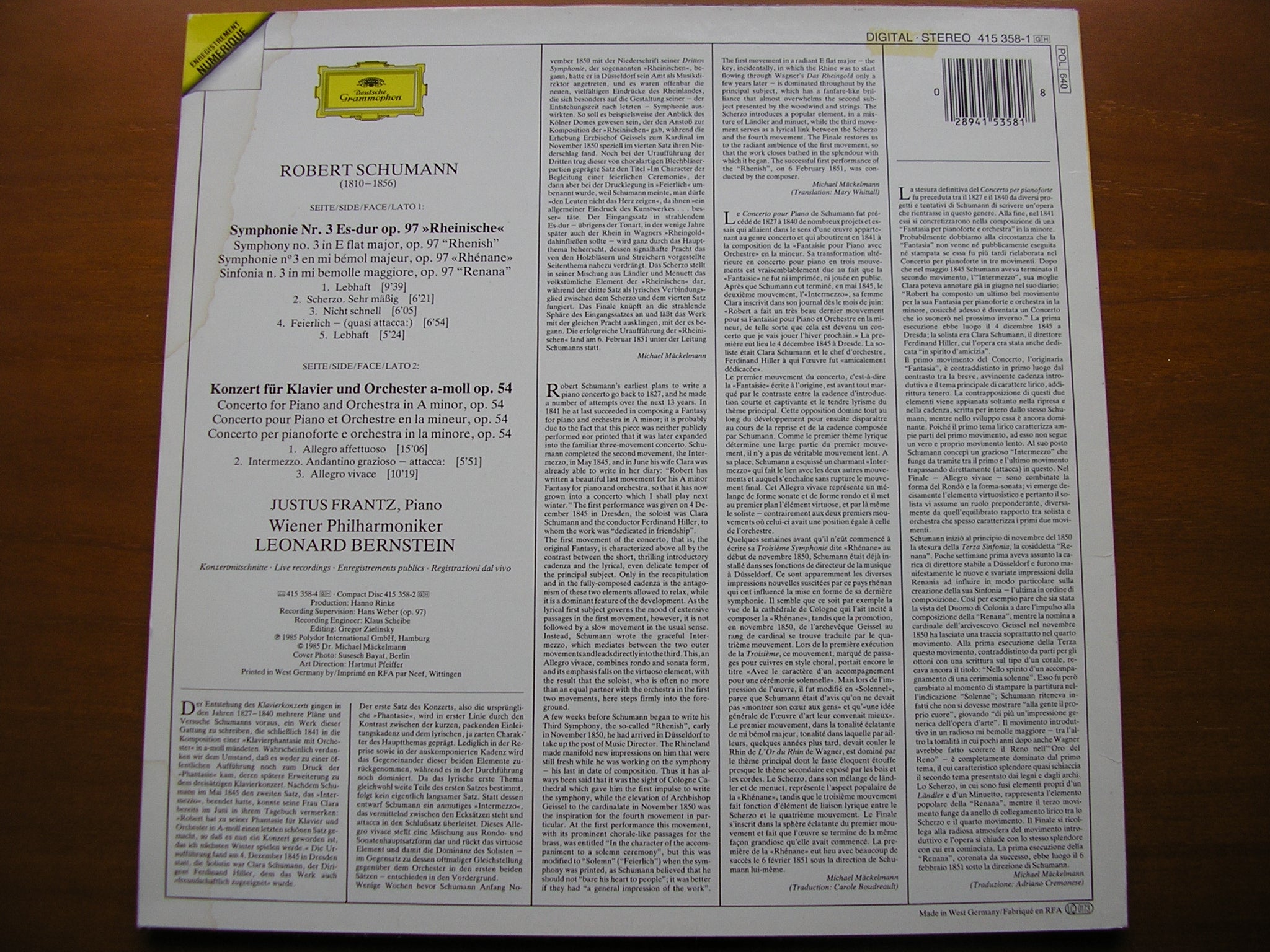 SCHUMANN: SYMPHONY No. 3 / PIANO CONCERTO     FRANTZ / VIENNA PHILHARMONIC / BERNSTEIN     415 358