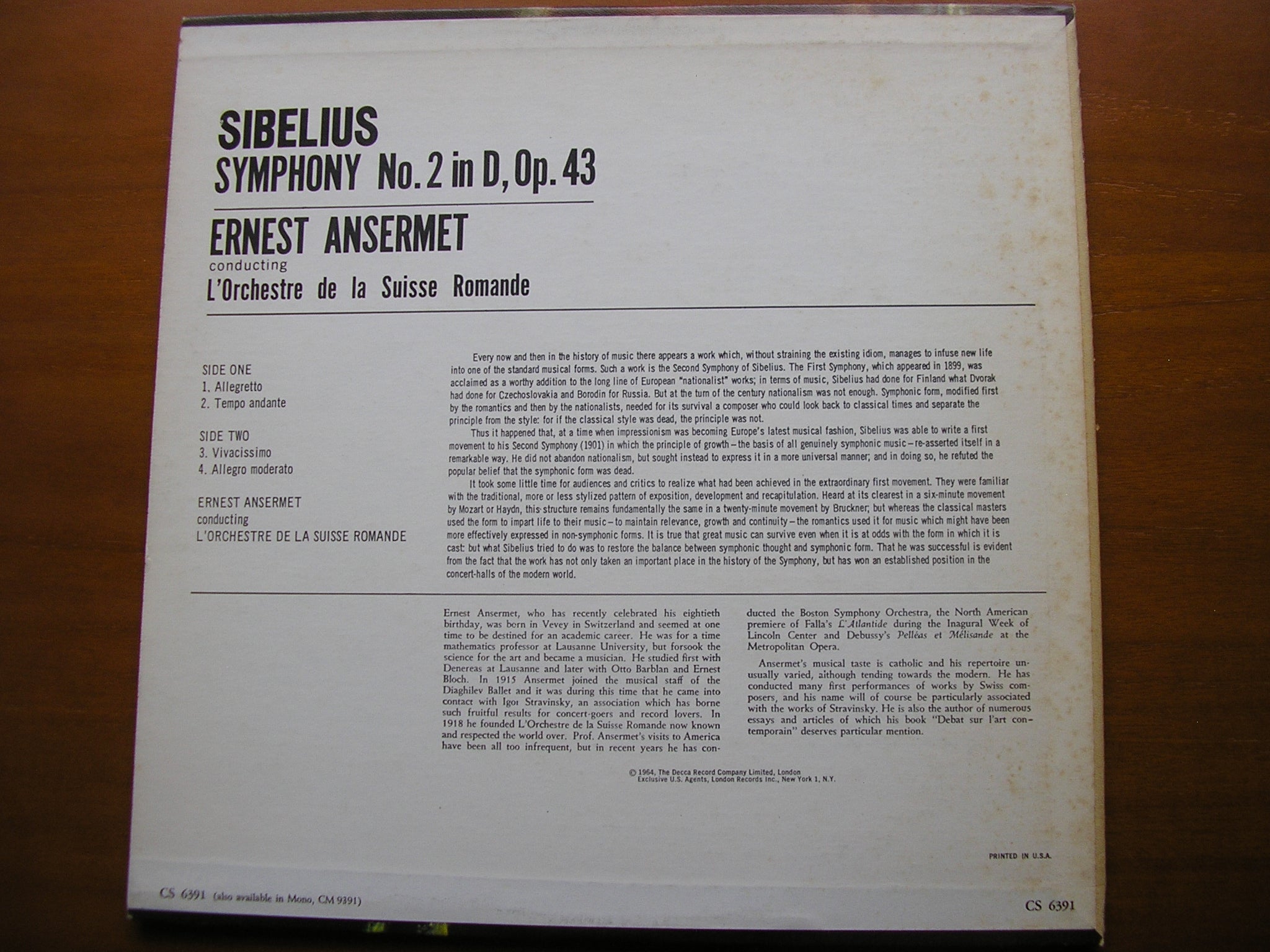 SIBELIUS: SYMPHONY No. 2      ANSERMET / SUISSE ROMANDE ORCHESTRA      CS 6391