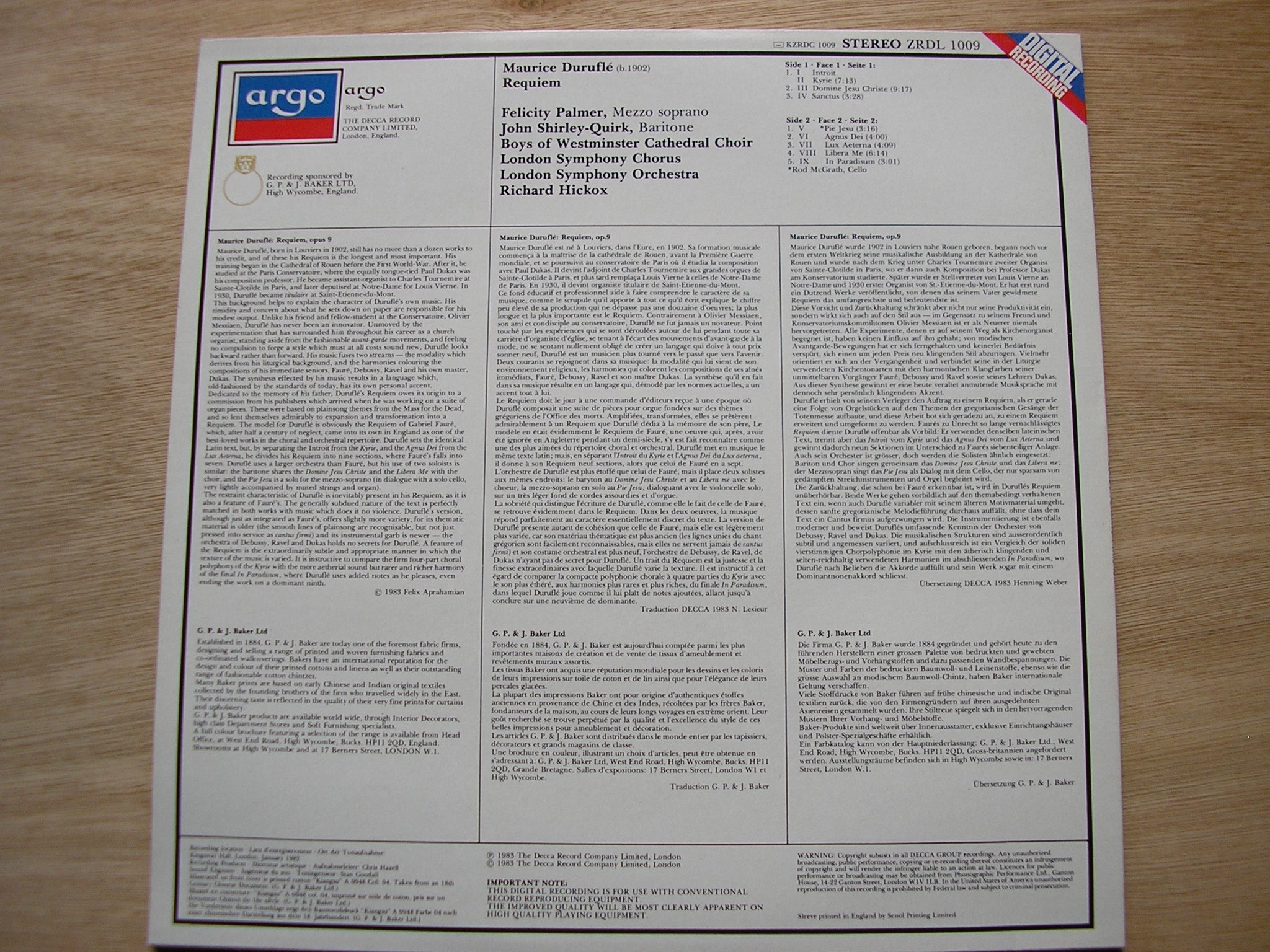 DURUFLE: REQUIEM    PALMER / SHIRLEY-QUIRK / LONDON SYMPHONY / HICKOX    ZRDL 1009