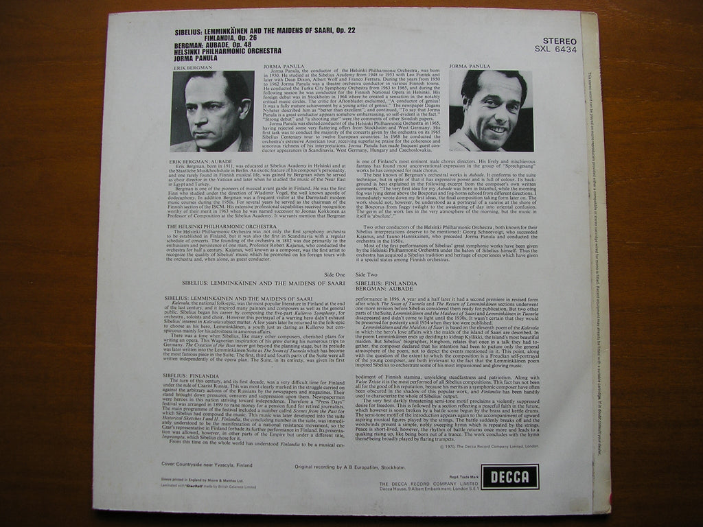 SXL 6434 SIBELIUS: LEMMINKAINEN & THE MAIDENS OF SAARI / FINLANDIA / BERGMAN: AUBADE     PANULA / HELSINKI PHILHARMONIC     ED3