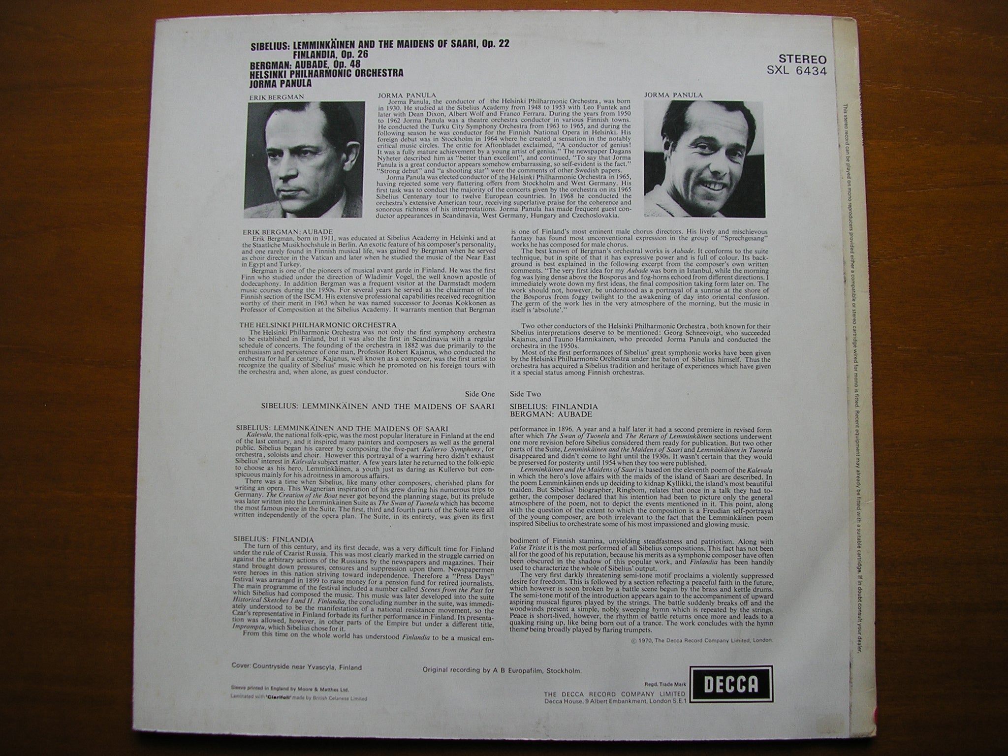 SXL 6434 SIBELIUS: LEMMINKAINEN & THE MAIDENS OF SAARI / FINLANDIA / BERGMAN: AUBADE     PANULA / HELSINKI PHILHARMONIC     ED3