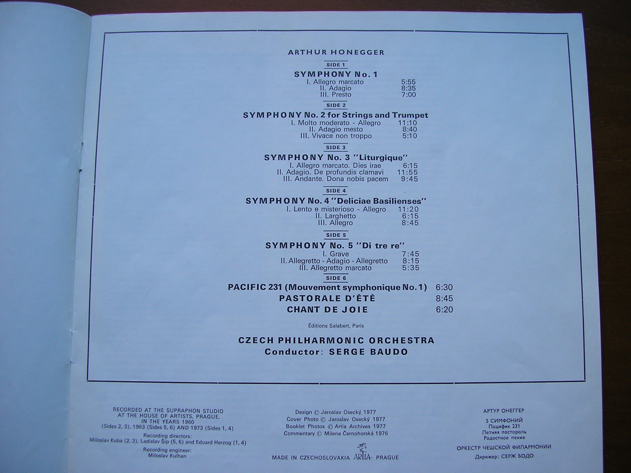 HONEGGER: THE FIVE SYMPHONIES / PACIFIC 231 / PASTORALE D'ETE / CHANT DE JOIE     BAUDO / CZECH PHILHARMONIC     3LP    110 1741-3