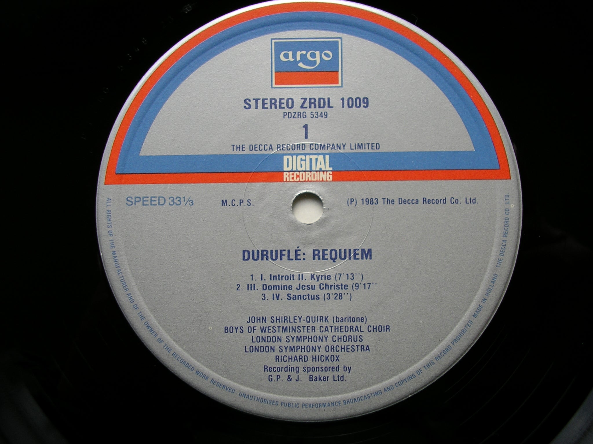 DURUFLE: REQUIEM    PALMER / SHIRLEY-QUIRK / LONDON SYMPHONY / HICKOX    ZRDL 1009