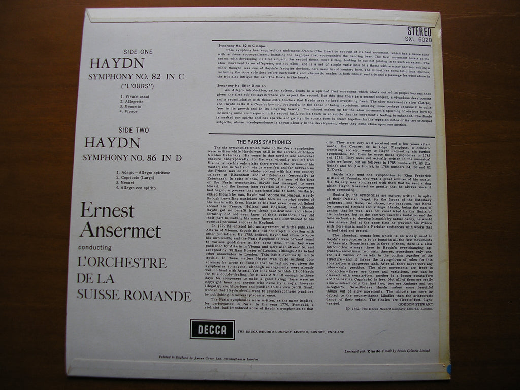 SXL 6020  HAYDN: SYMPHONIES Nos. 82 & 86     ANSERMET / SUISSE ROMANDE     ED1