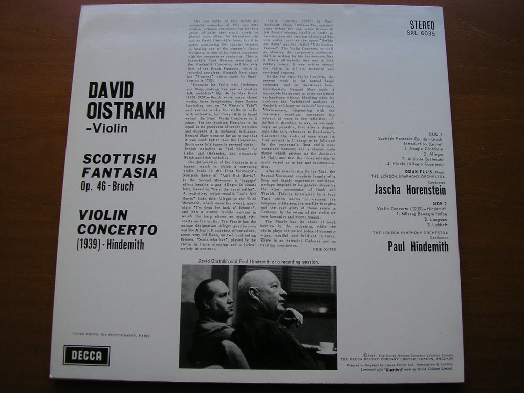 SXL 6035 BRUCH: SCOTTISH FANTASIA / HINDEMITH: VIOLIN CONCERTO OISTRAKH / LONDON SYMPHONY ORCHESTRA / HORENSTEIN / HINDEMITH