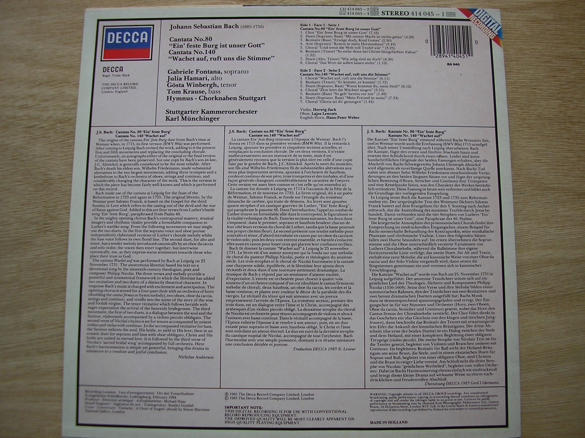 BACH: CANTATAS Nos. 80 & 140    SOLOISTS / STUTTGART CHAMBER ORCHESTRA / MUNCHINGER      414 045