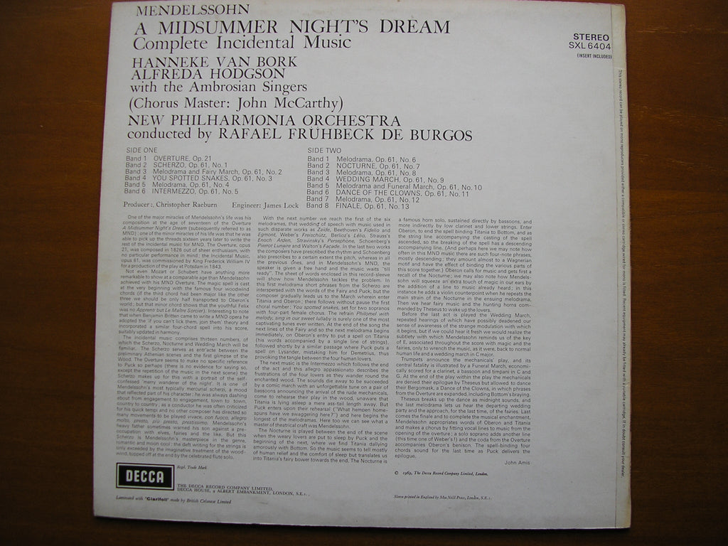 SXL 6404 MENDELSSOHN: A MIDSUMMER NIGHT'S DREAM     SOLOISTS / NEW PHILHARMONIA / DE BURGOS      ED3