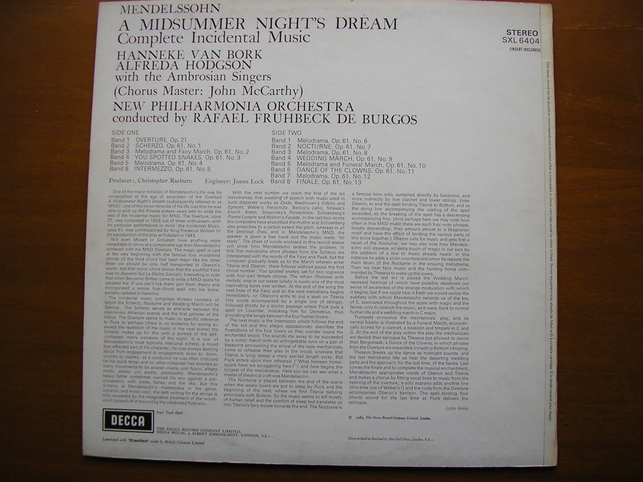 SXL 6404 MENDELSSOHN: A MIDSUMMER NIGHT'S DREAM     SOLOISTS / NEW PHILHARMONIA / DE BURGOS      ED3