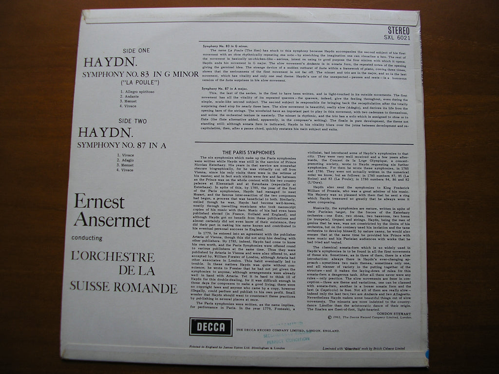 SXL 6021  HAYDN: SYMPHONIES Nos. 83 & 87      ANSERMET / SUISSE ROMANDE     ED1