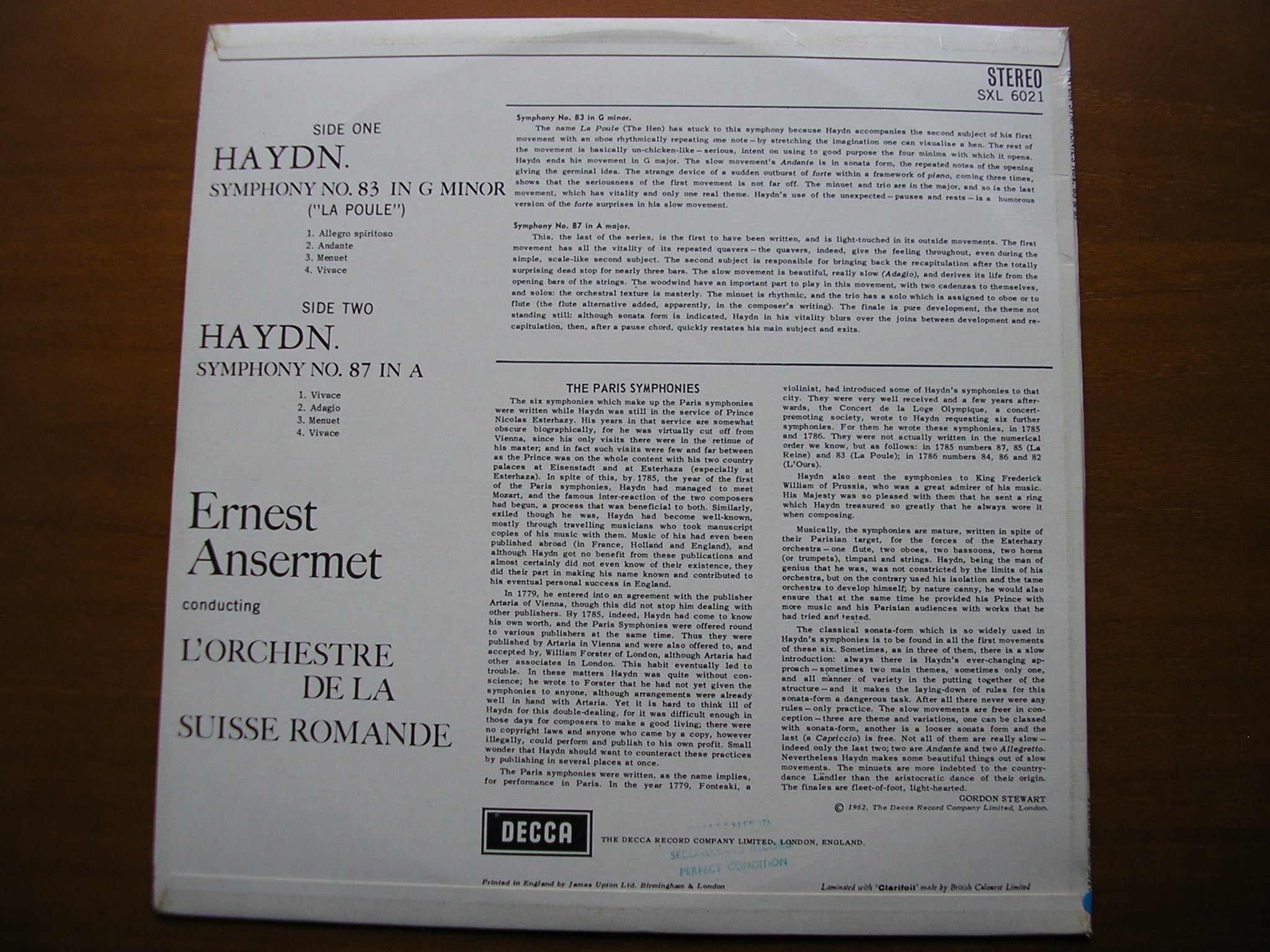 SXL 6021  HAYDN: SYMPHONIES Nos. 83 & 87      ANSERMET / SUISSE ROMANDE     ED1