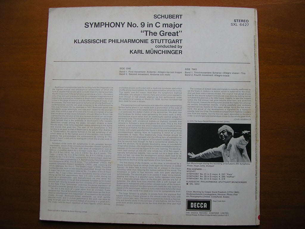 SXL 6427 SCHUBERT: SYMPHONY No. 9      MUNCHINGER / STUTTGART KLASSISCHE PHILHARMONIE     ED3