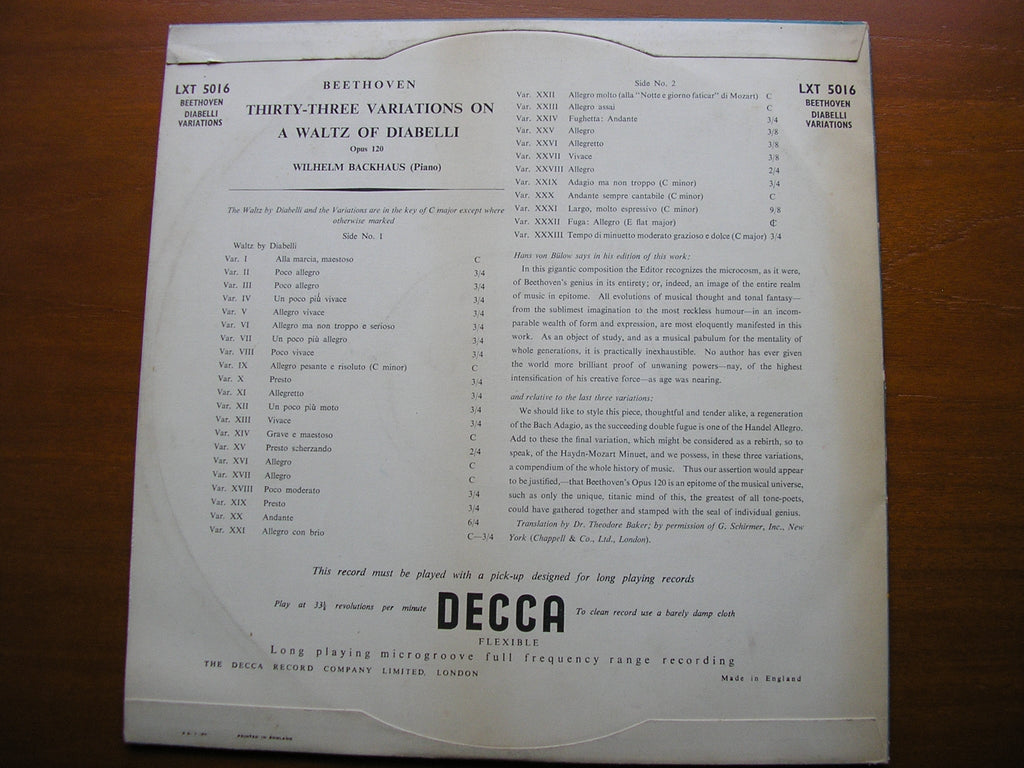 BEETHOVEN: DIABELLI VARIATIONS     WILHELM BACKHAUS    LXT 5016