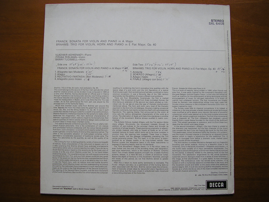 SXL 6408 FRANCK: SONATA FOR VIOLIN & PIANO / BRAHMS: HORN TRIO     ASHKENAZY / PERLMAN /TUCKWELL    ED3