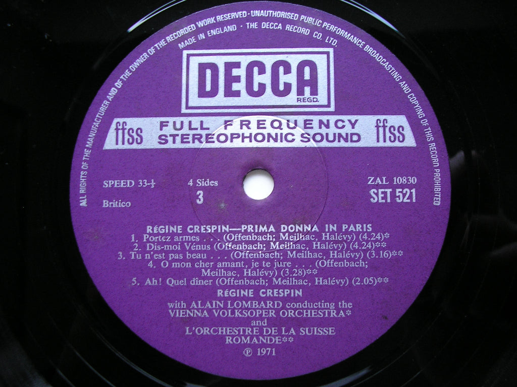 PRIMA DONNA IN PARIS: OPERA & OPERETTA ARIAS      REGINE CRESPIN / SRO / LOMBARD / VVO / SEBASTIAN     2LP      SET 520-1