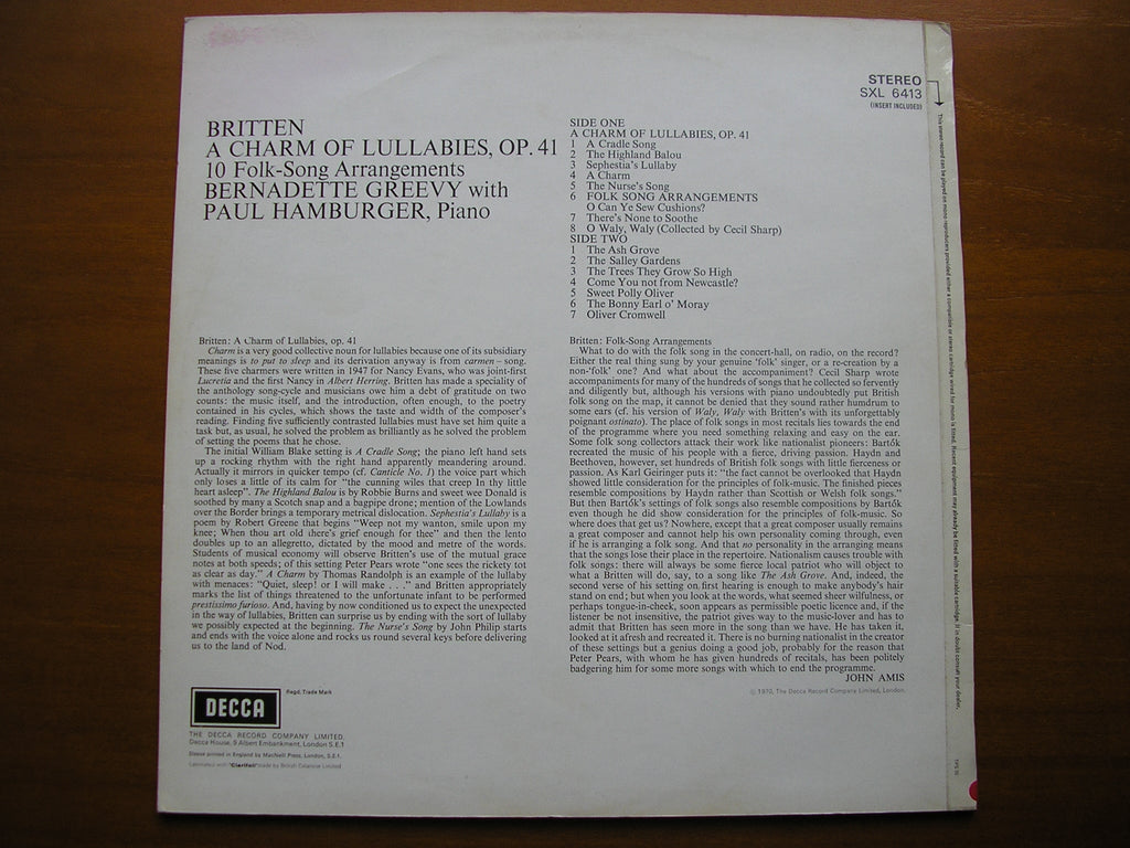 SXL 6413 BRITTEN: A CHARM OF LULLABIES / FOLK SONG ARRANGEMENTS     GREEVY / HAMBURGER     ED3