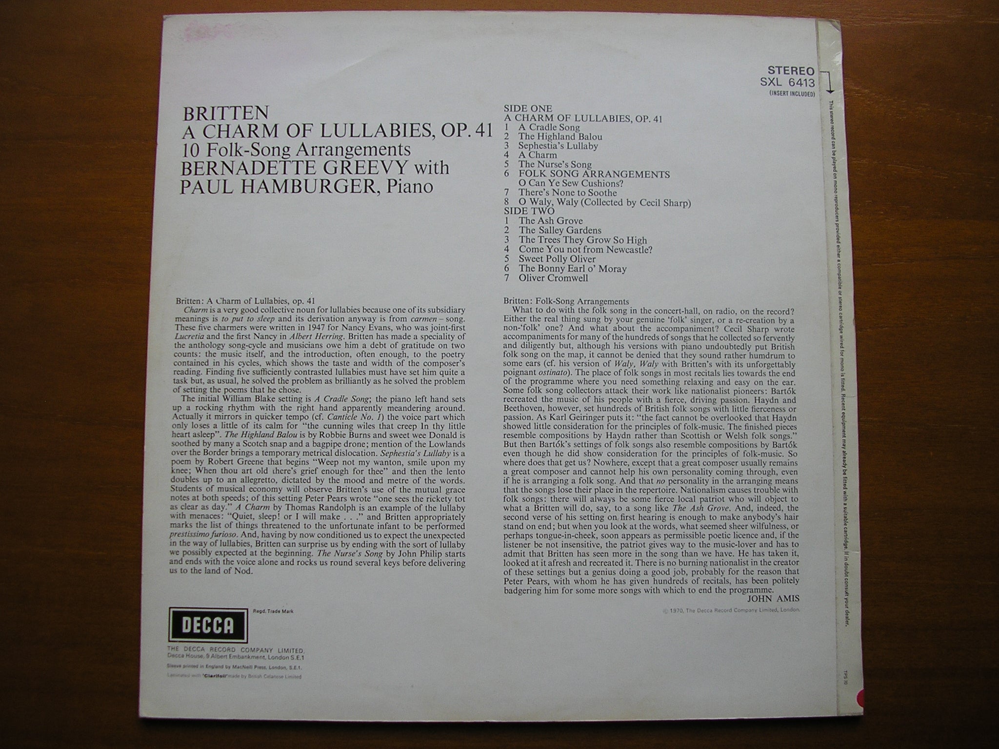 SXL 6413 BRITTEN: A CHARM OF LULLABIES / FOLK SONG ARRANGEMENTS     GREEVY / HAMBURGER     ED3