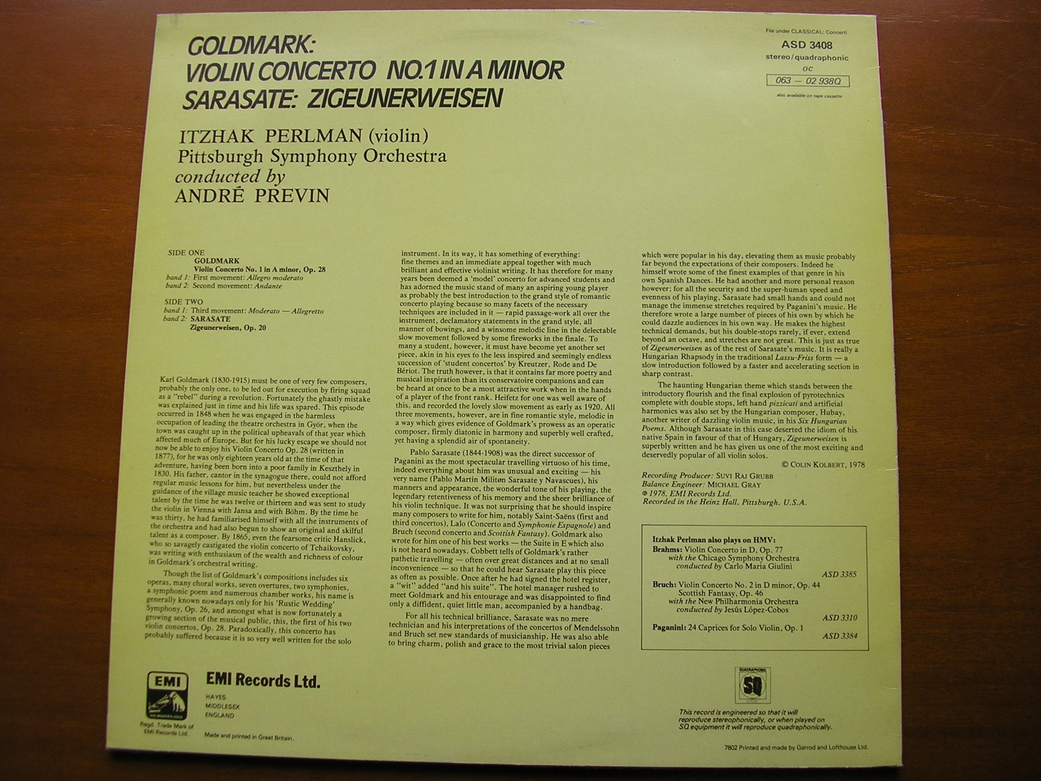 GOLDMARK: VIOLIN CONCERTO / SARASATE: ZIGEUNERWEISEN     PERLMAN / PITTSBURGH SYMPHONY / PREVIN     ASD 3408