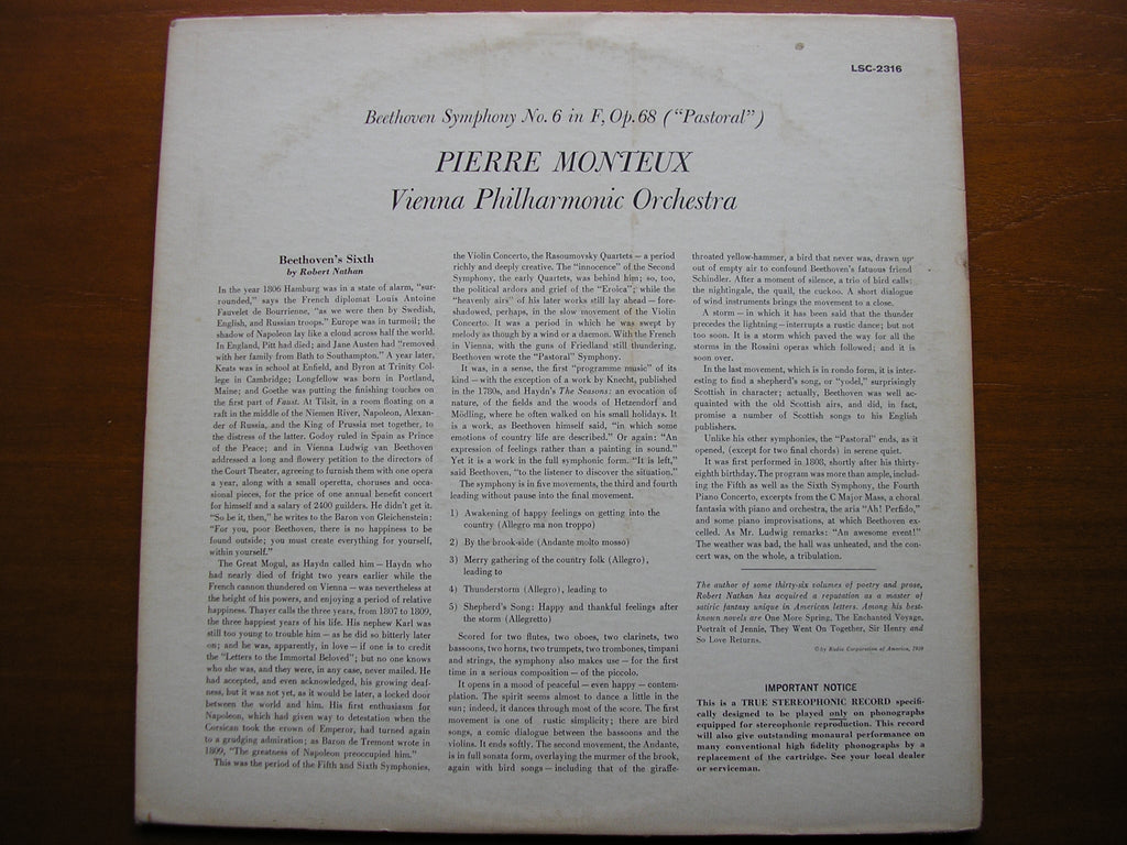 BEETHOVEN: SYMPHONY No. 6 'Pastoral'    MONTEUX / VIENNA PHILHARMONIC    LSC 2316