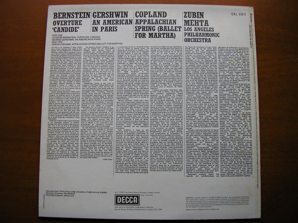 BERNSTEIN / COPLAND / GERSHWIN: ORCHESTRAL WORKS       MEHTA / LOS ANGELES PHILHARMONIC    SXL 6811