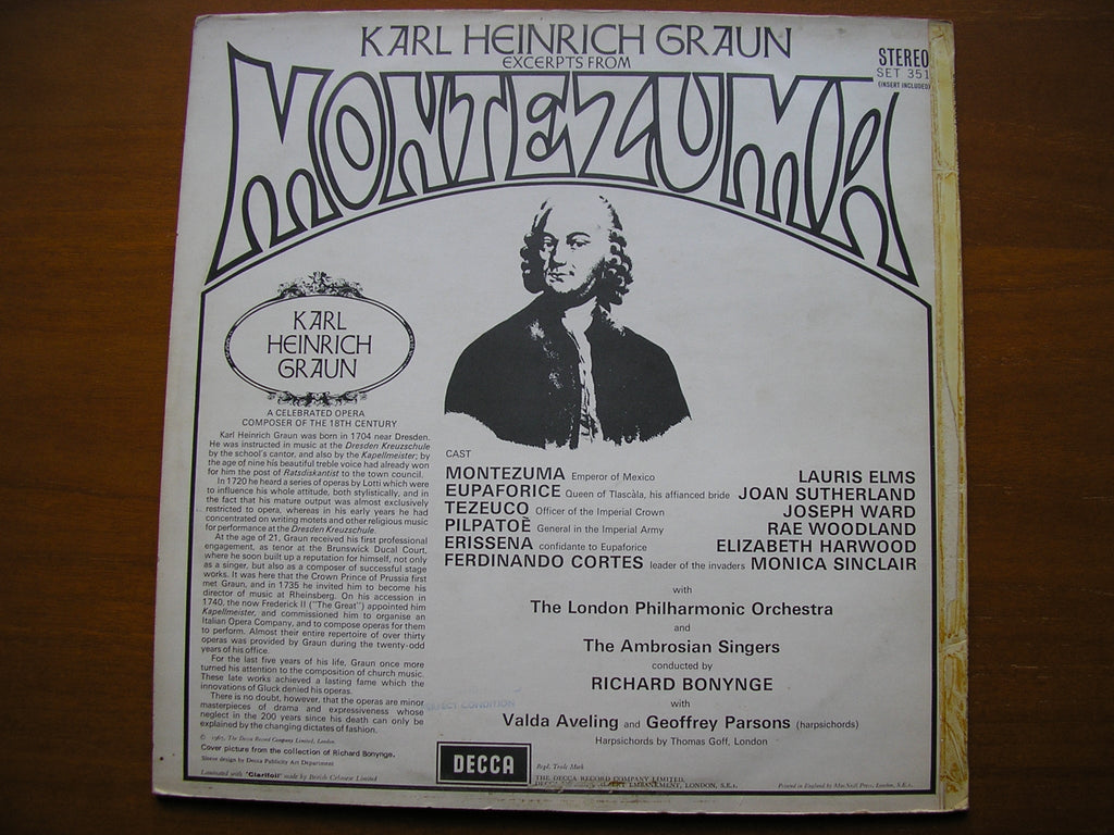 GRAUN: MONTEZUMA (1755)   excerpts     SOLOISTS / LONDON PHILHARMONIC / BONYNGE     SET 351