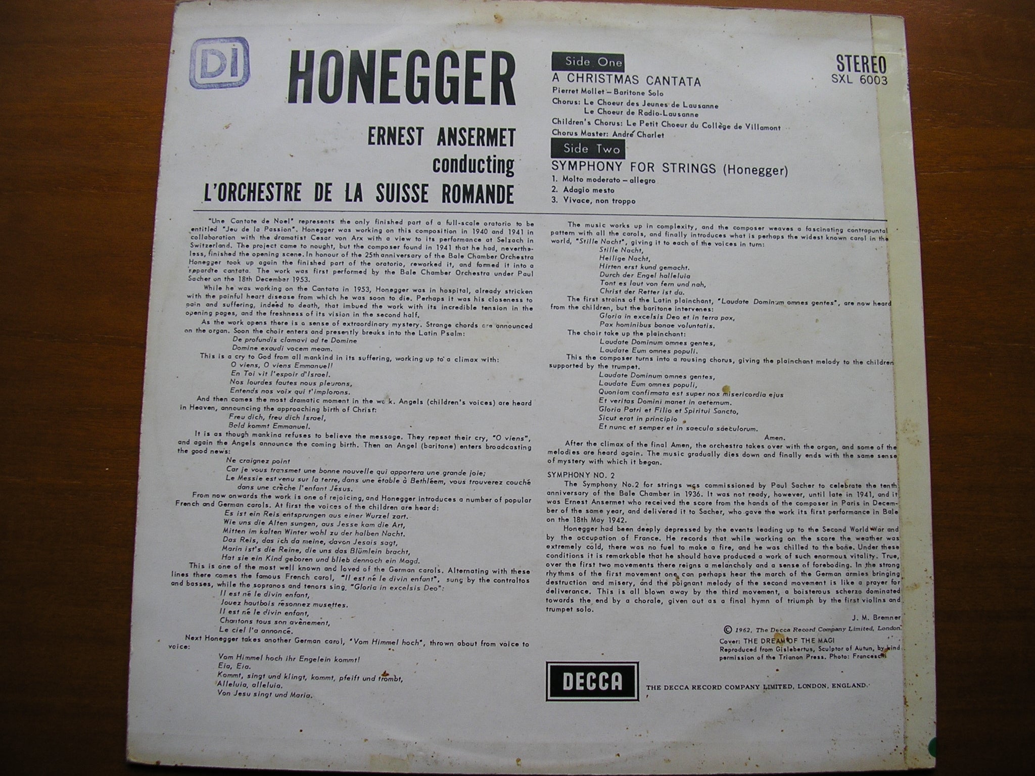 HONEGGER:  A CHRISTMAS CANTATA /SYMPHONY FOR STRINGS     ANSERMET / SUISSE ROMANDE    SXL 6003