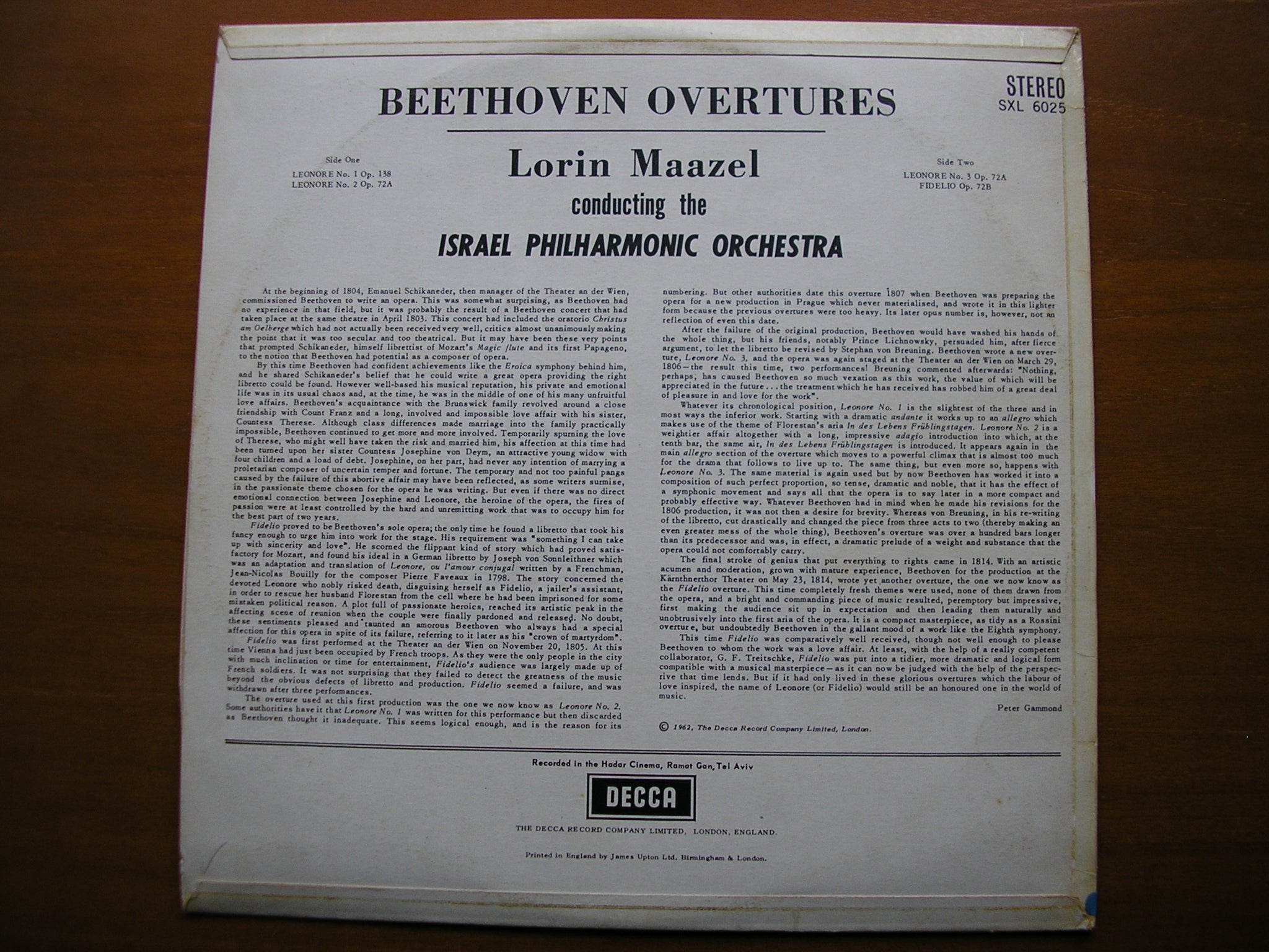 SXL 6025  BEETHOVEN: THE FOUR OVERTURES FOR FIDELIO      MAAZEL / ISRAEL PHILHARMONIC      ED1