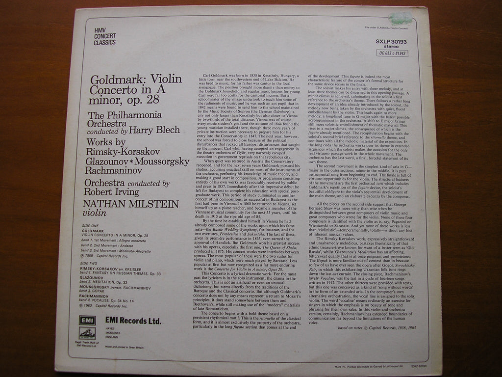 SXLP 30193 GOLDMARK: VIOLIN CONCERTO / RUSSIAN PIECES FOR VIOLIN MILSTEIN / PHILHARMONIA / BLECH / IRVING