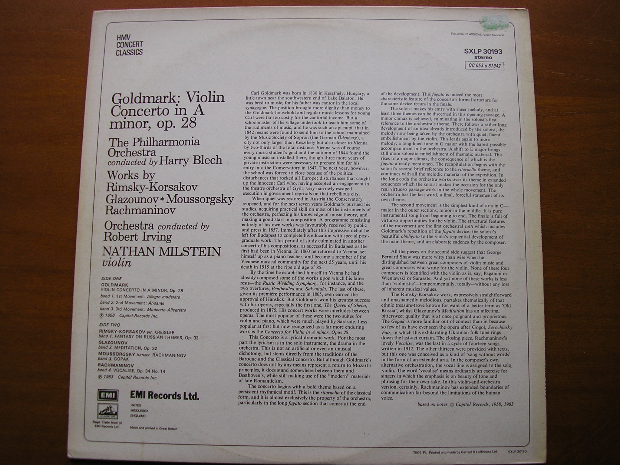 SXLP 30193 GOLDMARK: VIOLIN CONCERTO / RUSSIAN PIECES FOR VIOLIN MILSTEIN / PHILHARMONIA / BLECH / IRVING