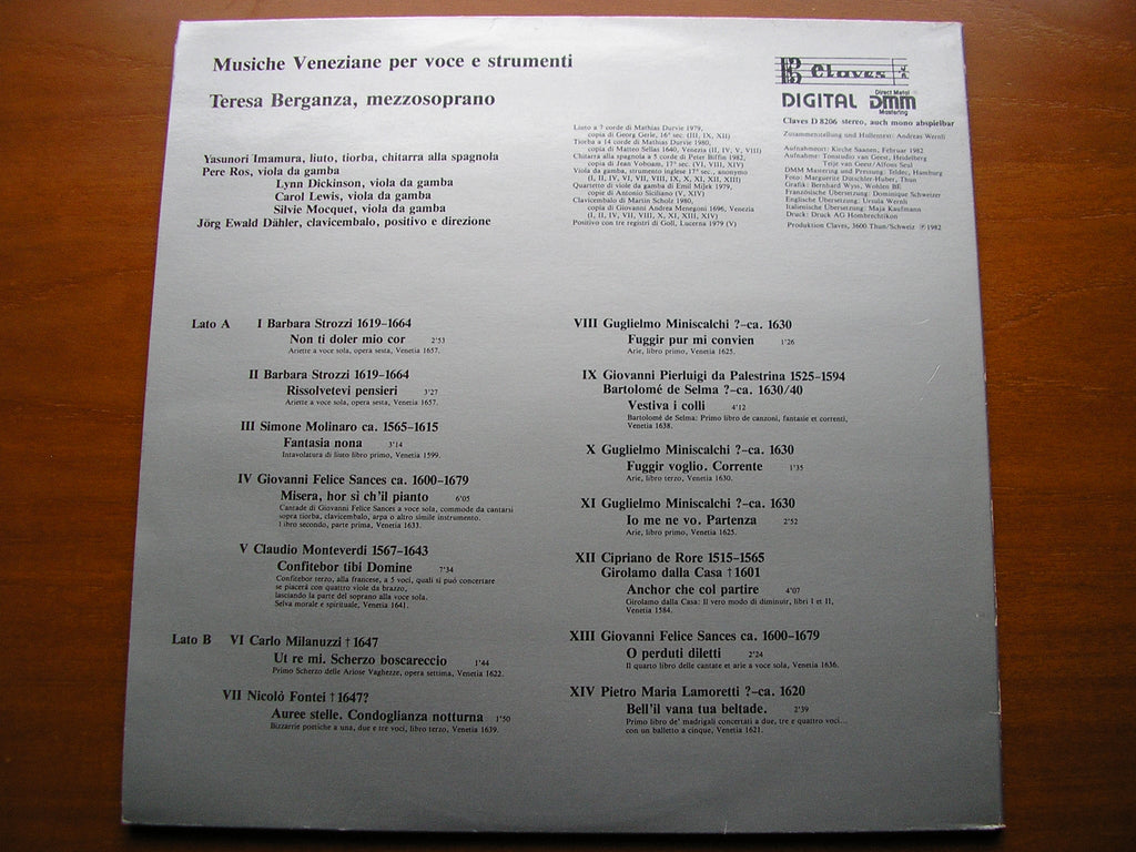 VENETIAN SONGS OF THE 16th & 17th CENTURIES      TERESA BERGANZA / INSTRUMENTALISTS / DAHLER   D 8206