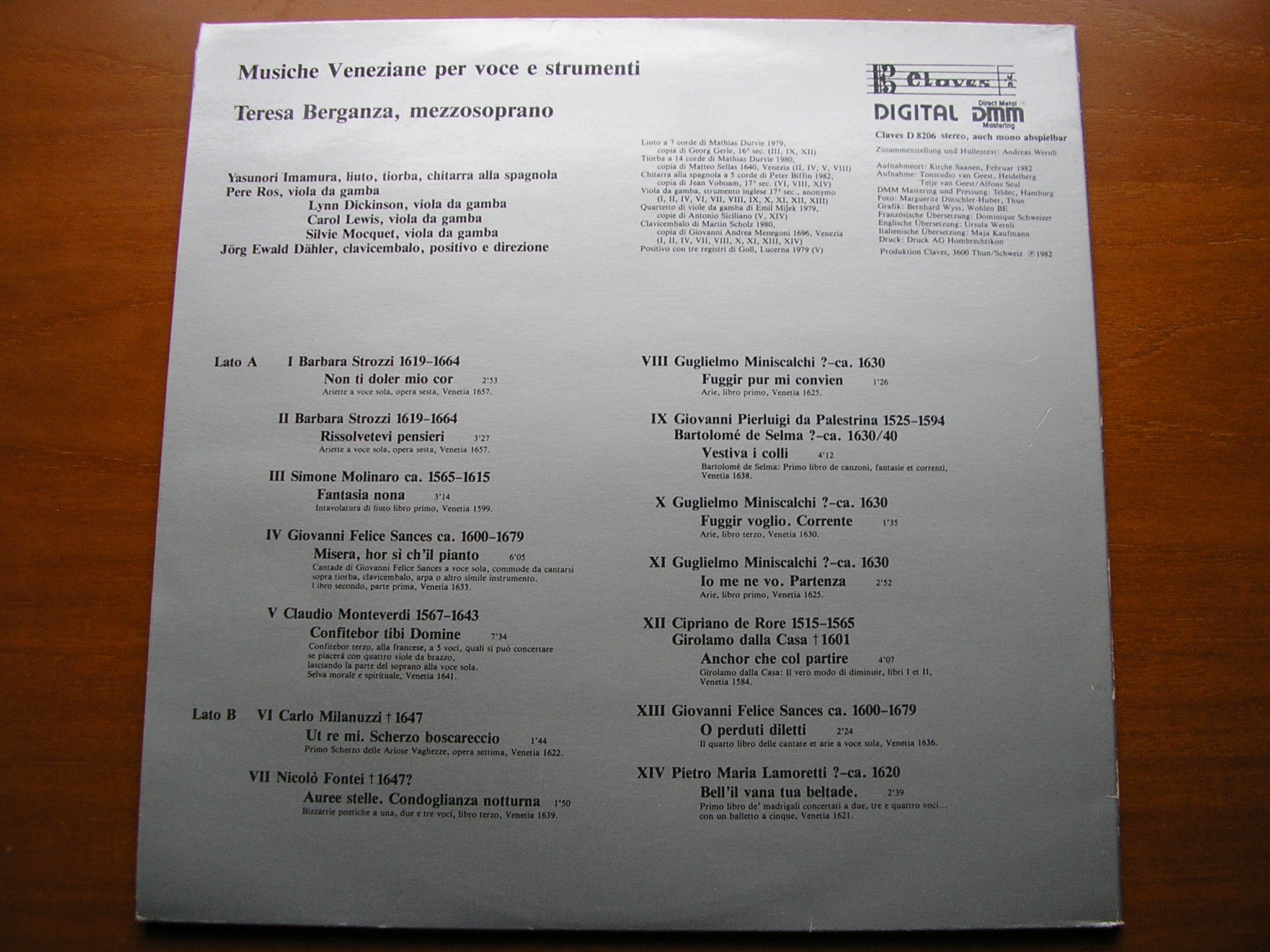 VENETIAN SONGS OF THE 16th & 17th CENTURIES      TERESA BERGANZA / INSTRUMENTALISTS / DAHLER   D 8206