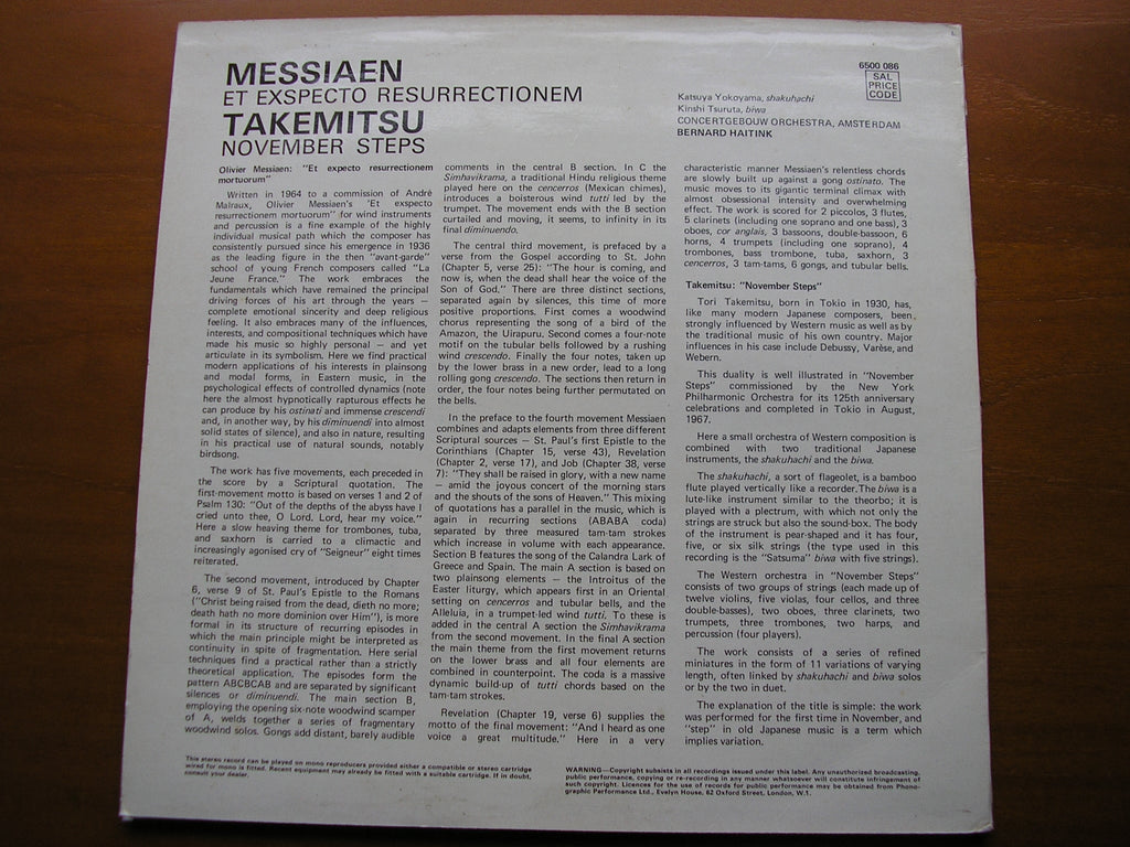 MESSIAEN: ET EXSPECTO RESURRECTIONEM    TAKEMITSU: NOVEMBER STEPS    SOLOISTS / CONCERTGEBOUW / HAITINK     6500 086